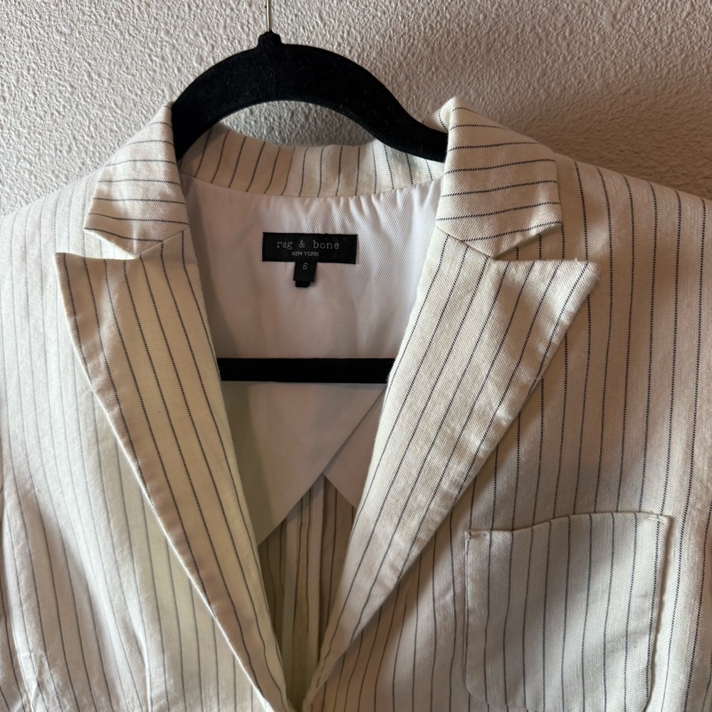 Rag & Bone Blazer Ivory Navy Pinstriped Linen Cotton Blend Business Casual Sz 6 - Picture 5 of 16